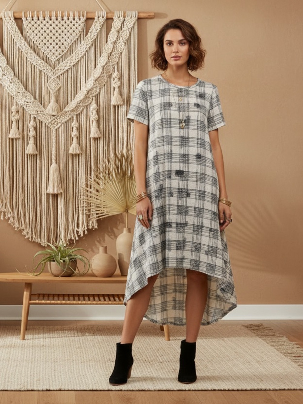 LuLaRoe Carly • High Low Hemline Swing Dress • Black and White Geometric Print